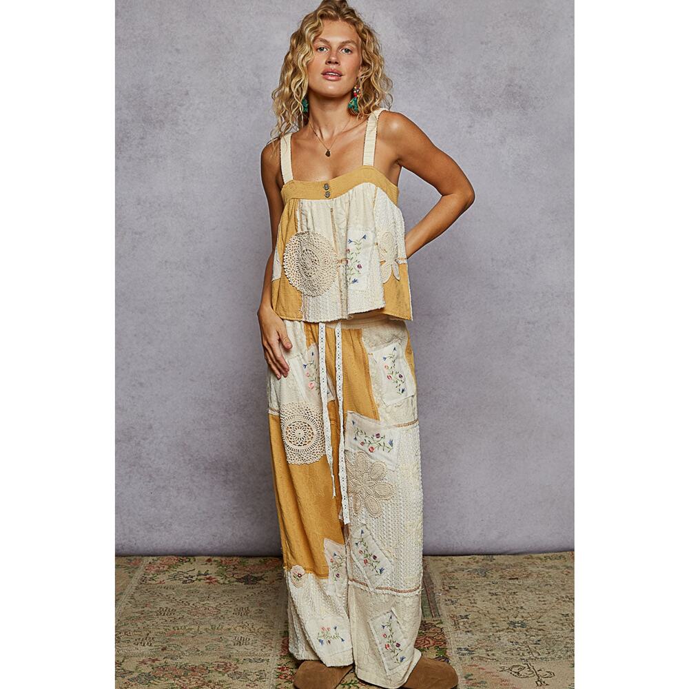 "Deacon" Patchwork Wide Leg Pants in Ivory Honey - Picture 3 of 6